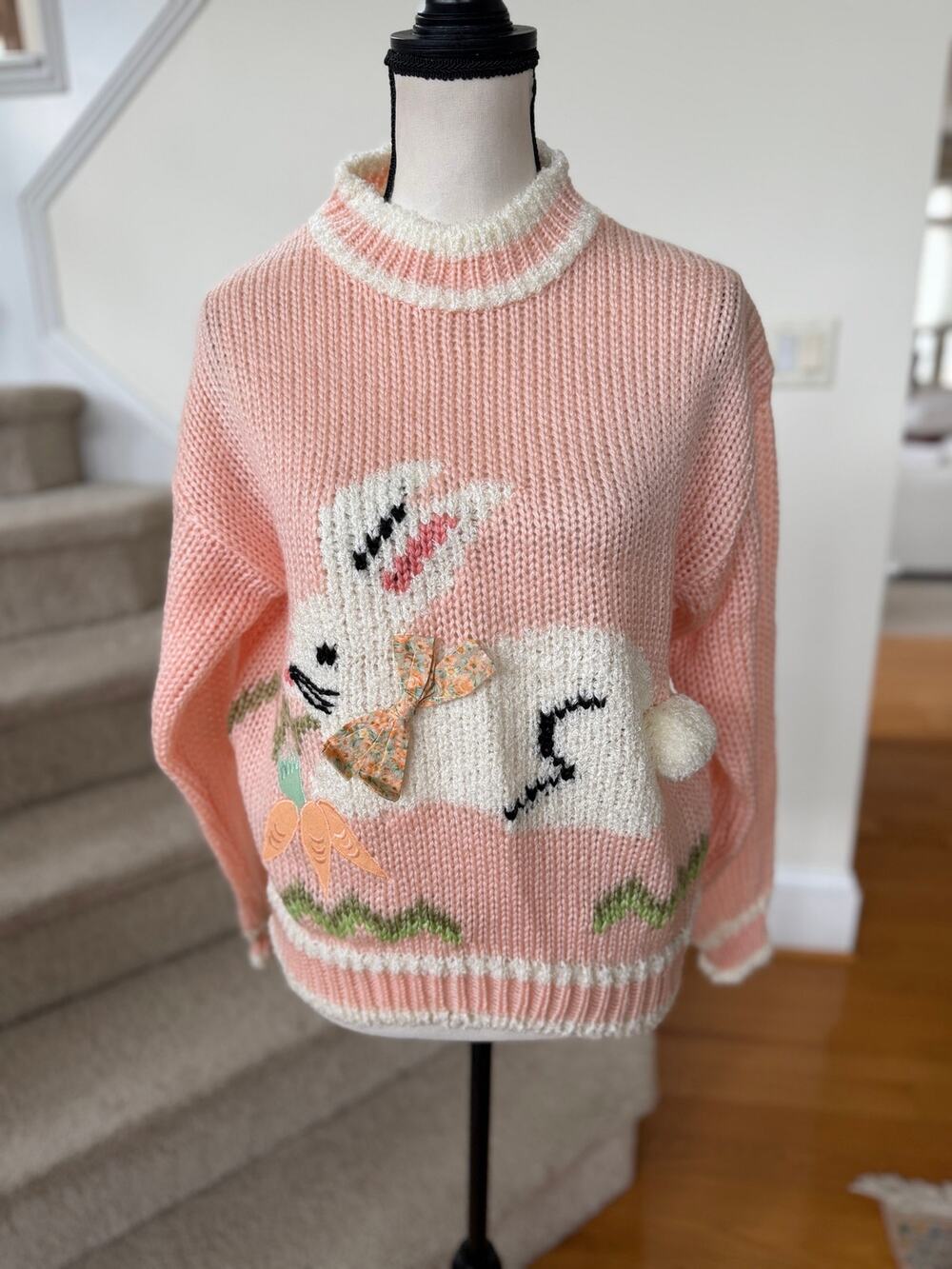 Vintage 90s Pink Hand Knit Bunny Bow Fluffy Tail Long Sleeve Crewneck Sweater
